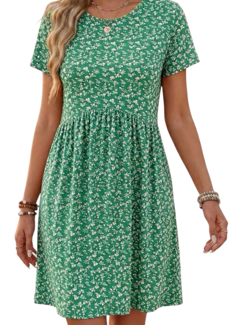 Green Floral Short Sleeve Mini Dress with Round Neck